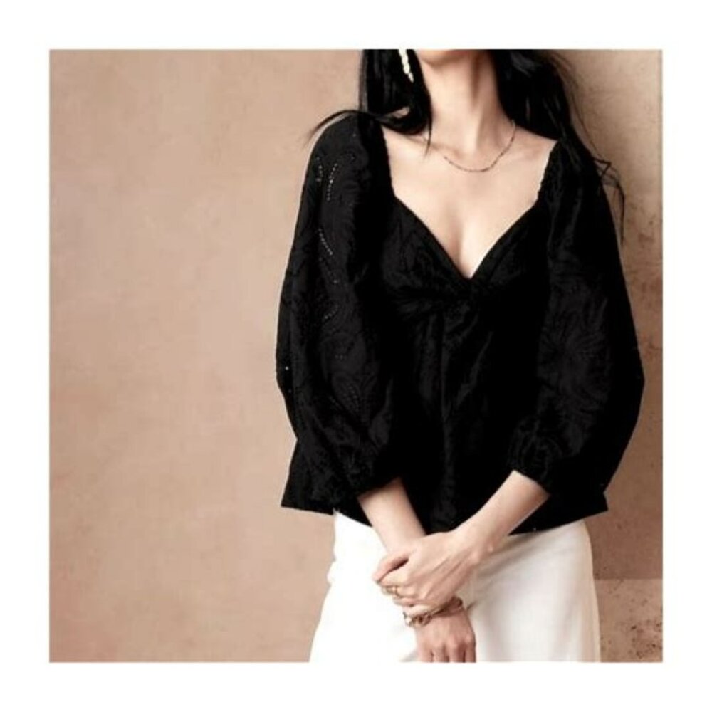 BANANA REPUBLIC Black Top S Sweetheart Neck 3/4 Sleeve Cotton Flirty EUC